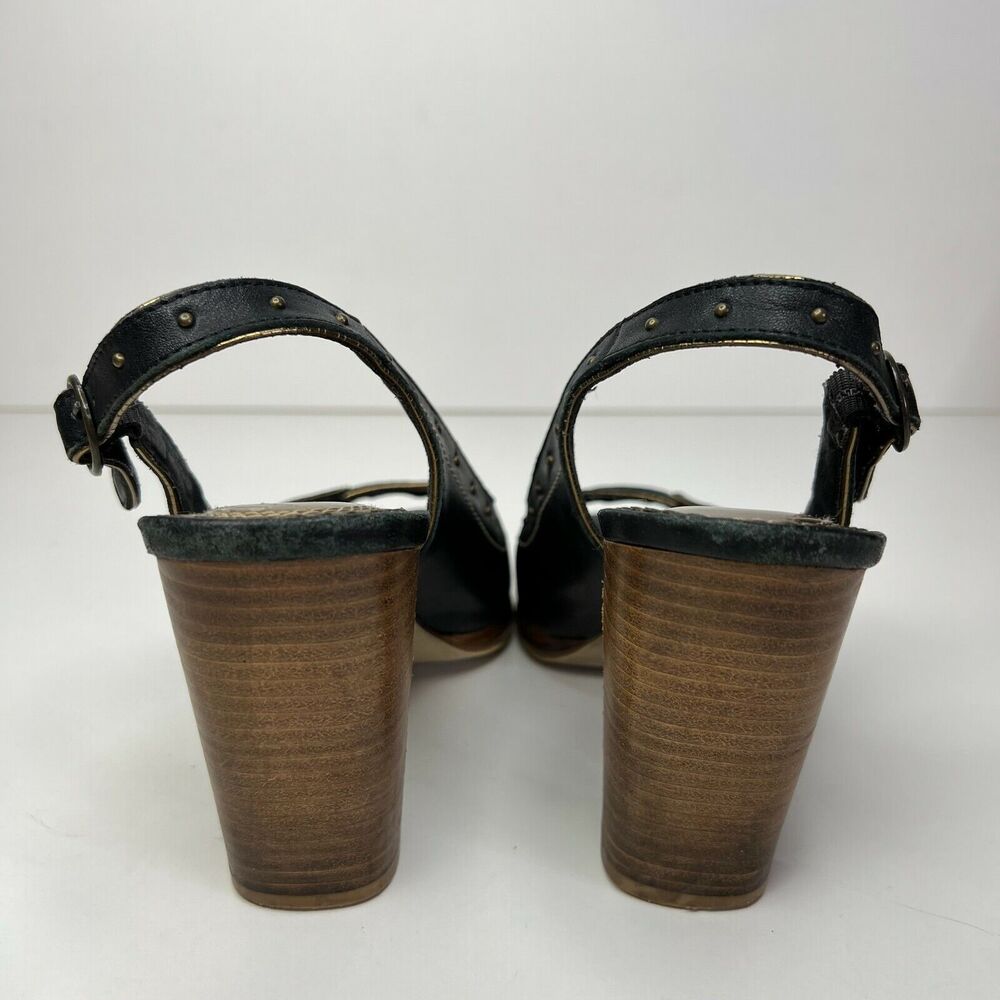 Seychelles Size 7 Singback Open Toe‎ Black Leather Wood Block Heel Studded - Picture 5 of 11
